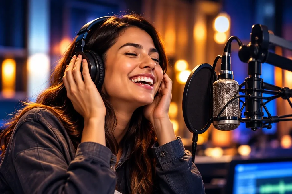 Oyente en el estudio, sonriendo con audífonos frente al micrófono